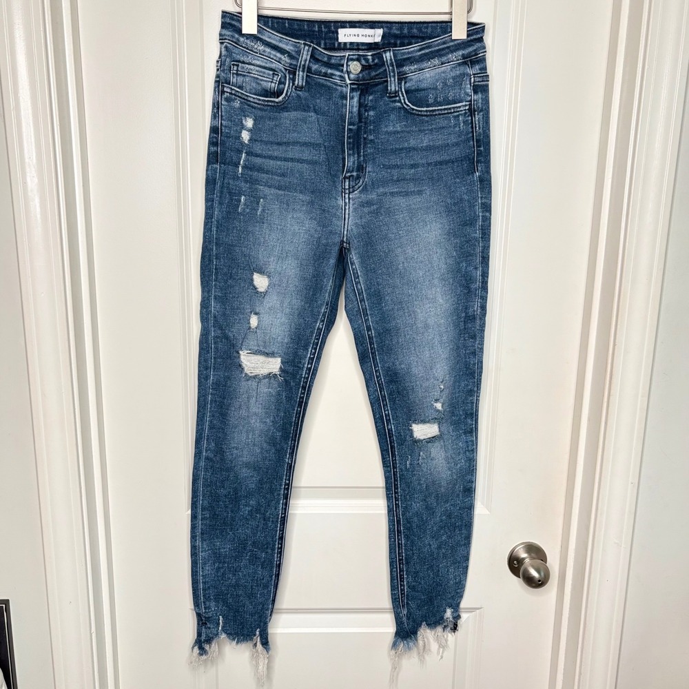Flying Monkey Jeans Distressed High Rise Skinny Jeans Medium Wash Frayed Hem EUC